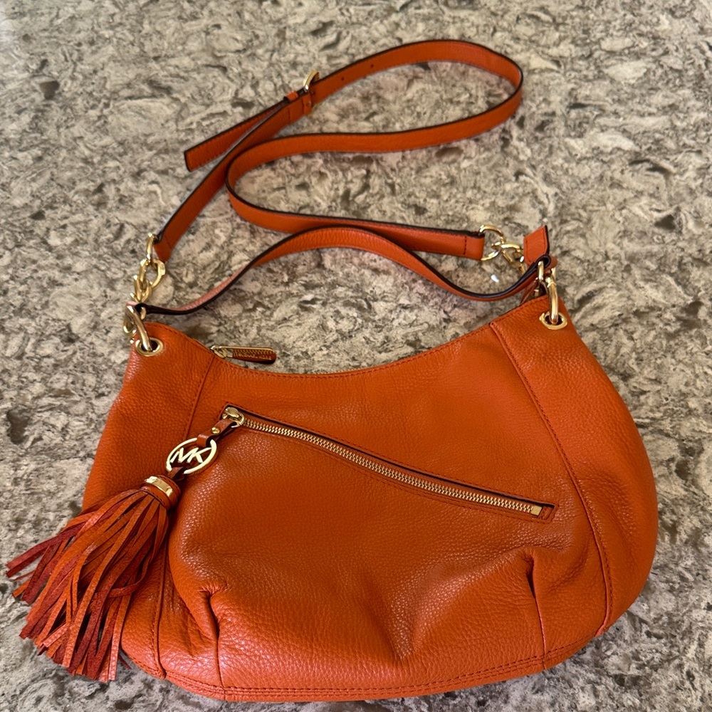 Michael Kors Orange Leather Hobo Shoulder Bag with Tassel